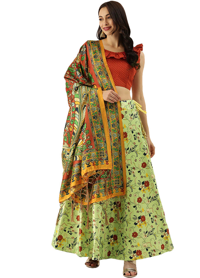 Green Silk Semi Stitched Lehenga Set