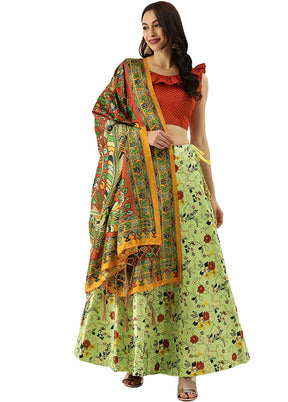 Green Silk Semi Stitched Lehenga Set