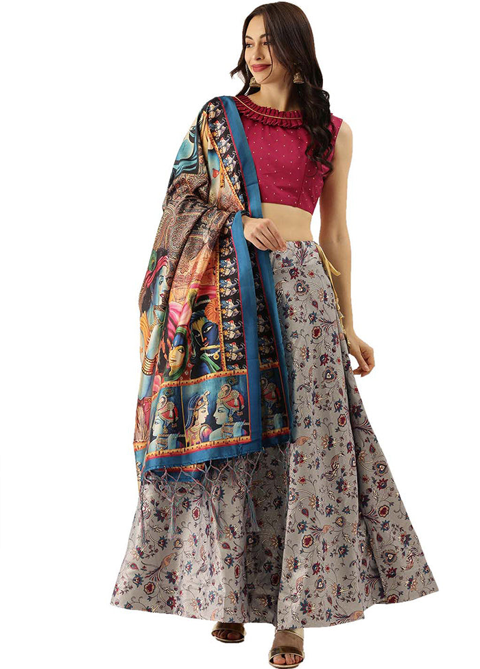 Grey Silk Semi Stitched Lehenga Set