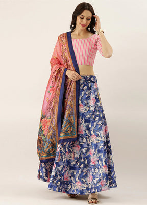 Dark Blue Silk Semi Stitched Lehenga Set