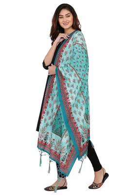 Light Blue Cotton Designer Digital Printed Work Dupatta