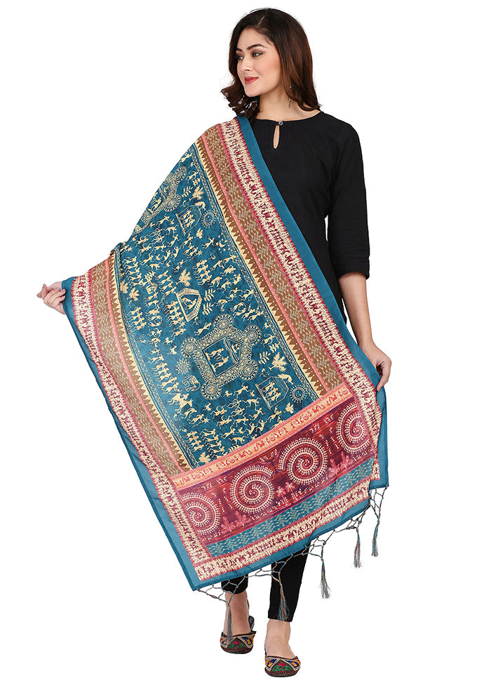 Teal Cotton Designer Digital Printed Work Dupatta