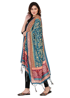 Teal Cotton Designer Digital Printed Work Dupatta