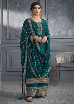 3 Pc Teal Green Semi Stitched Silk Suit Set