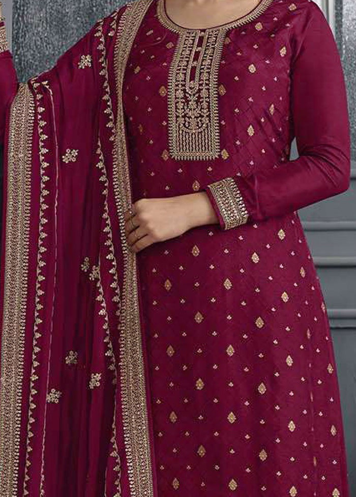 3 Pc Wine Semi Stitched Silk Suit Set