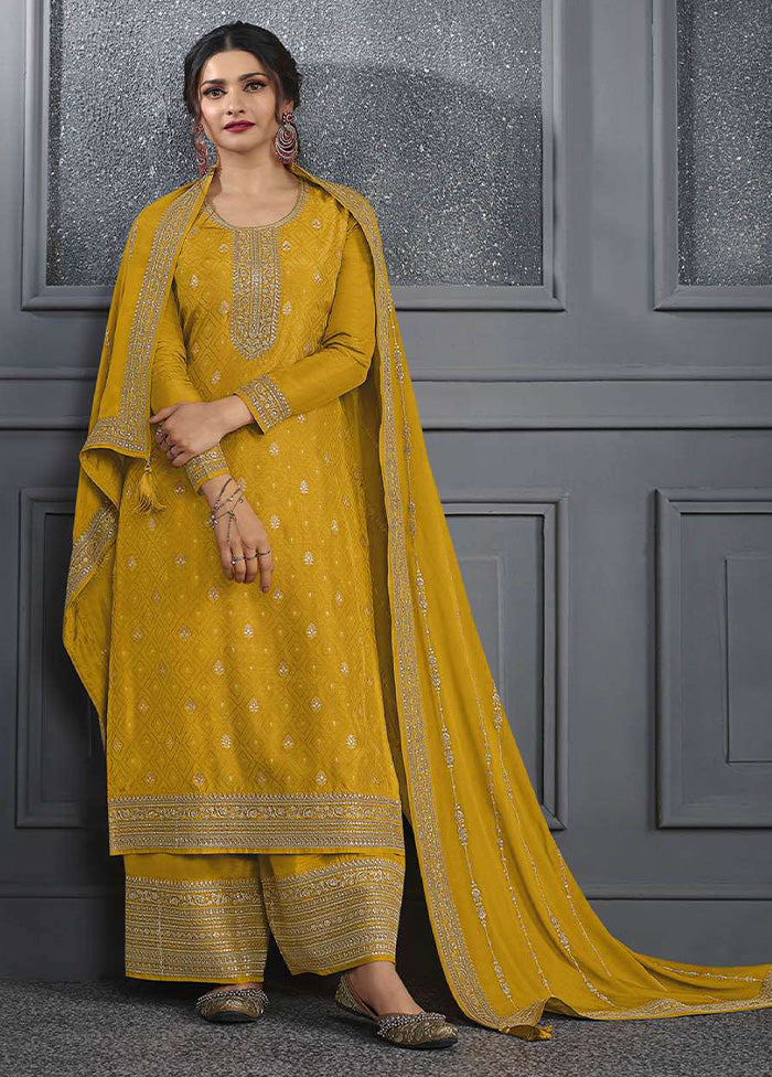 3 Pc Yellow Semi Stitched Silk Suit Set