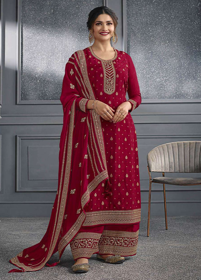 3 Pc Red Semi Stitched Silk Suit Set