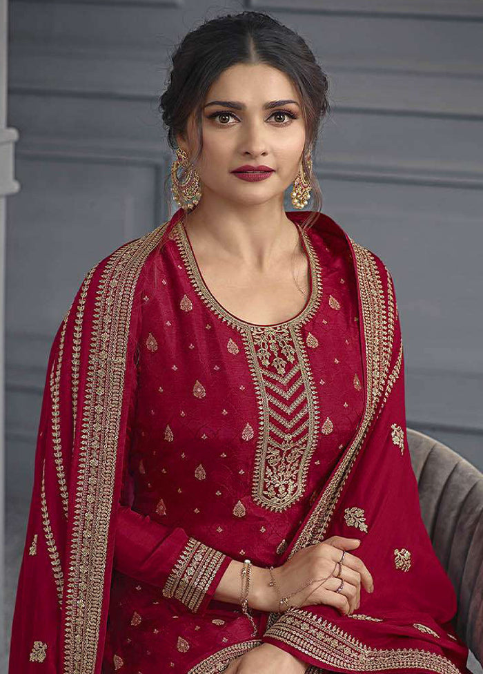 3 Pc Red Semi Stitched Silk Suit Set