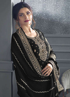 3 Pc Black Semi Stitched Silk Suit Set