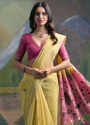 Yellow Dupion Silk Saree With Blouse Piece