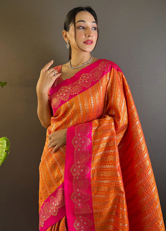 Orange Dupion Silk Saree With Blouse Piece