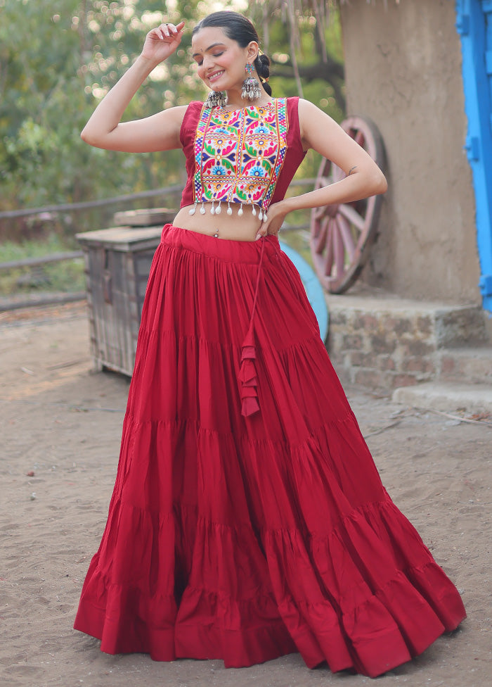 3 Pc Maroon Rayon Semi Stitched Lehenga Set