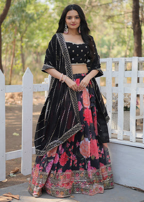 3 Pc Black Georgette Semi Stitched Lehenga Set