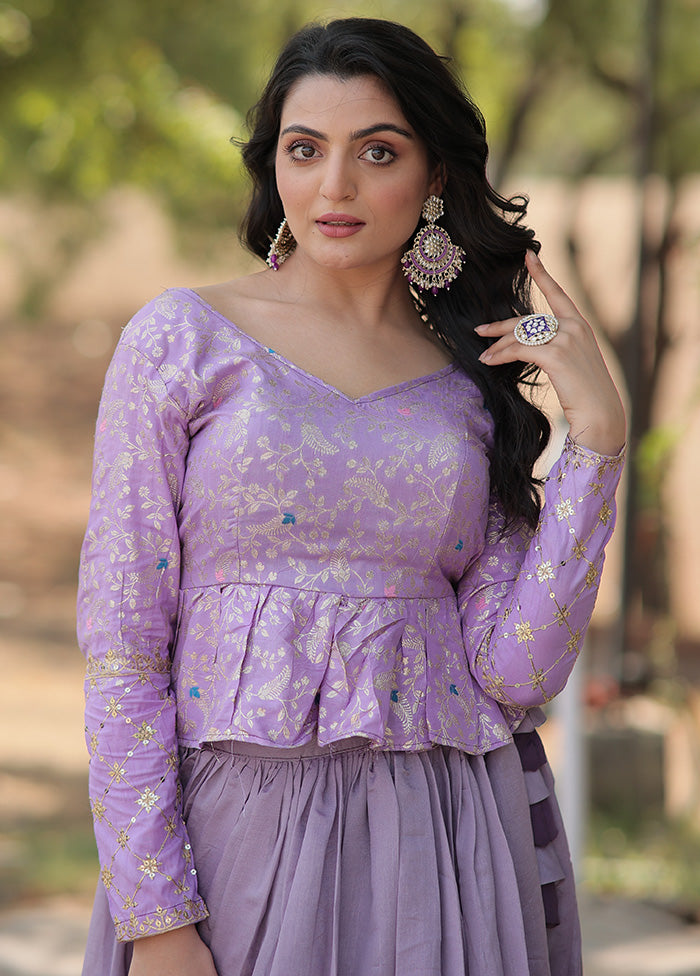 Lavender Silk Semi Stitched Lehenga Set