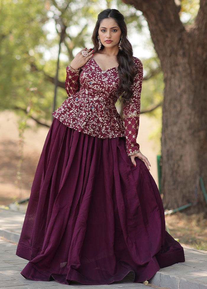 Wine Silk Semi Stitched Lehenga Set