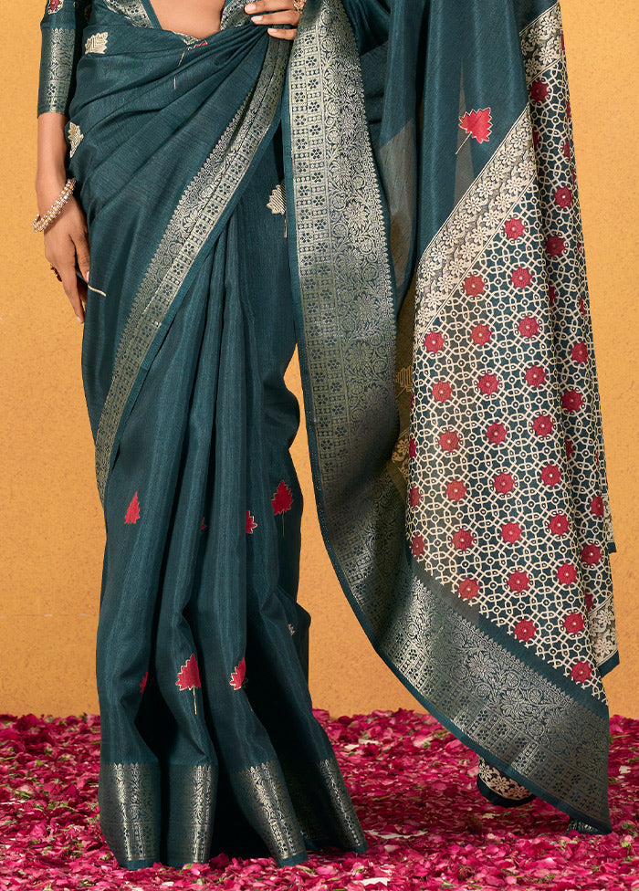 Teal Blue Dupion Silk Saree With Blouse Piece