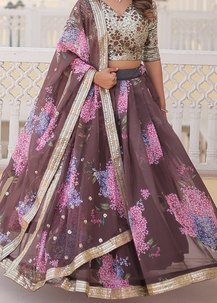 3 Pc Coffee Silk Semi Stitched Lehenga Set