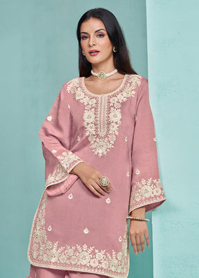 3 Pc Pink Semi Stitched Silk Suit Set