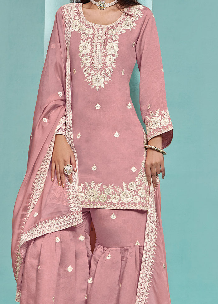 3 Pc Pink Semi Stitched Silk Suit Set