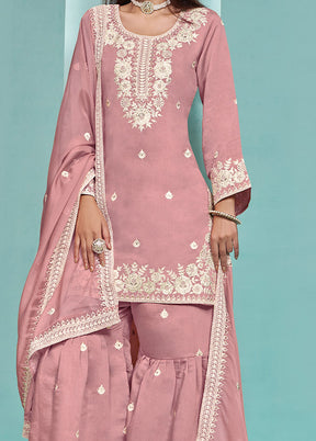 3 Pc Pink Semi Stitched Silk Suit Set