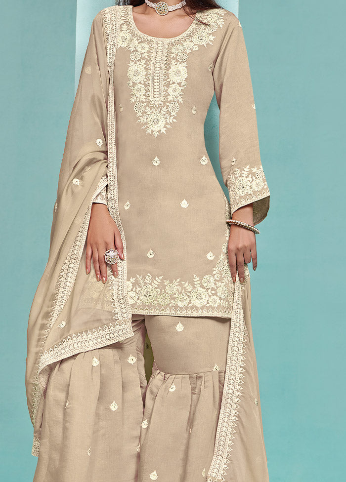 3 Pc Beige Semi Stitched Silk Suit Set