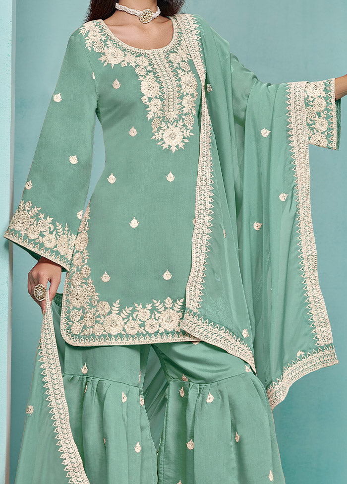 3 Pc Green Semi Stitched Silk Suit Set