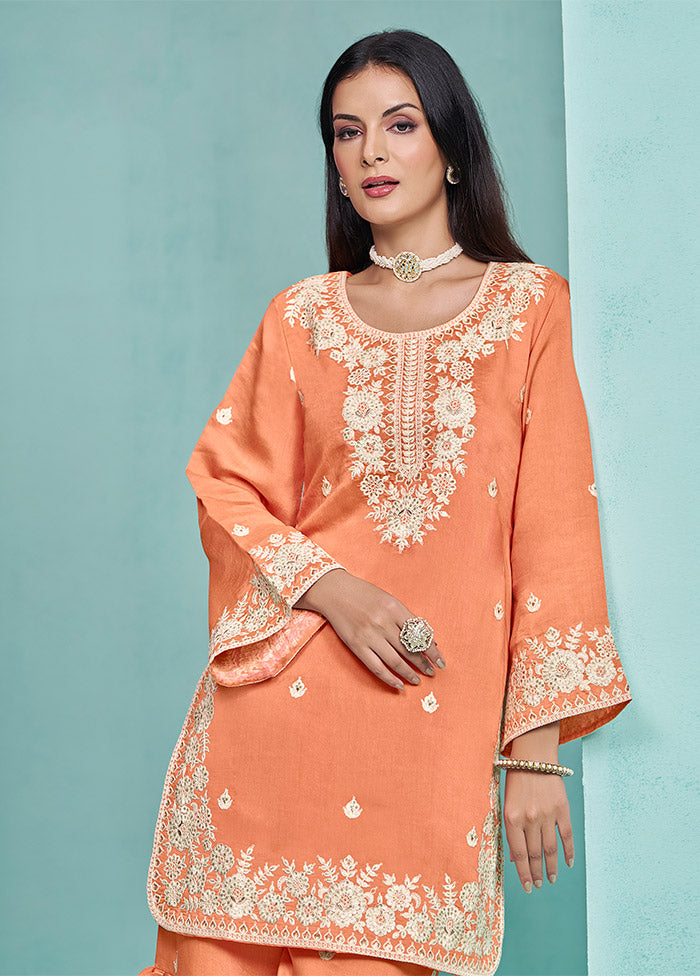 3 Pc Orange Semi Stitched Silk Suit Set