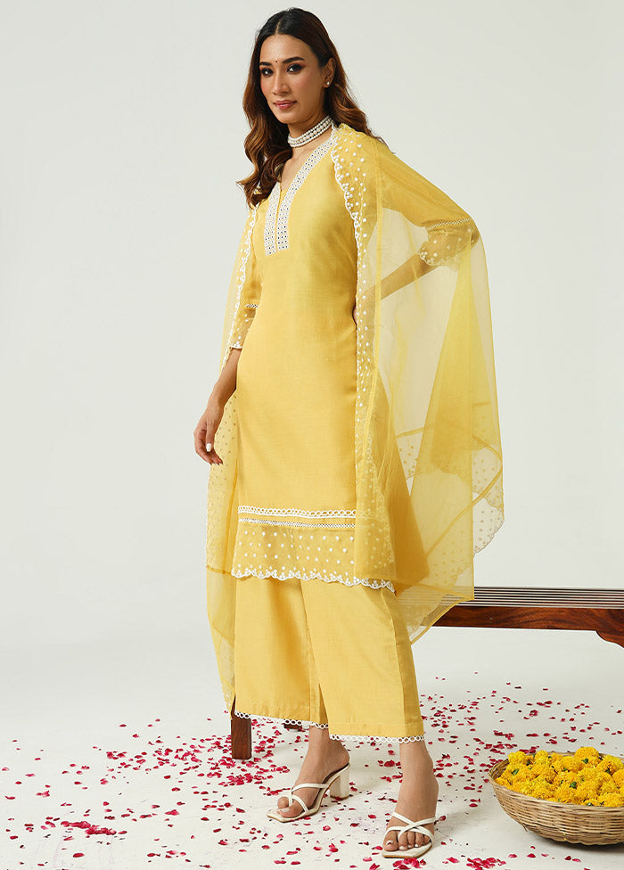 3 Pc Yellow Readymade Silk Suit Set