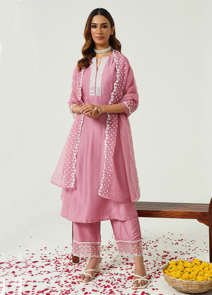 3 Pc Pink Readymade Silk Suit Set