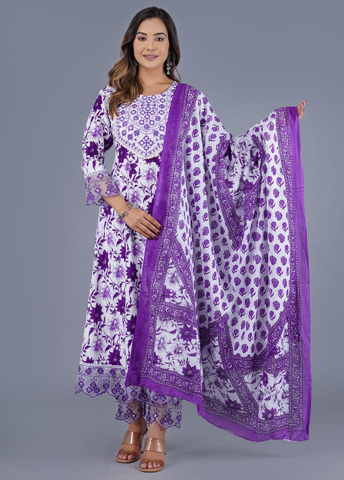 3 Pc Purple Readymade Cotton Suit Set