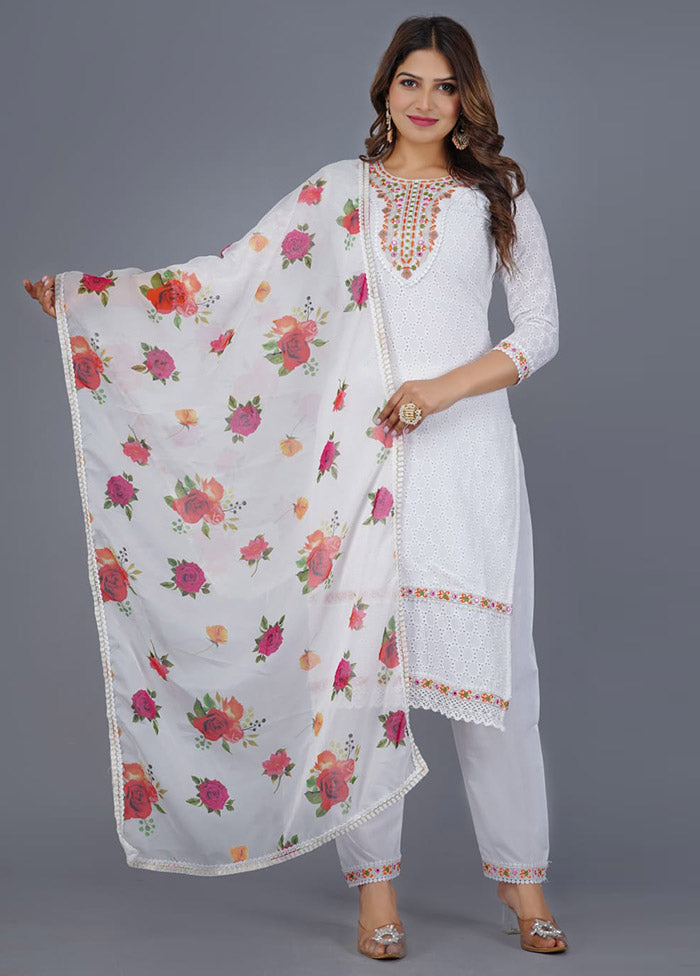 3 Pc White Readymade Cotton Suit Set