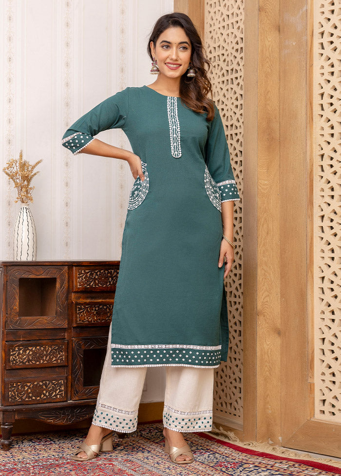 2 Pc Teal Readymade Cotton Kurti Set