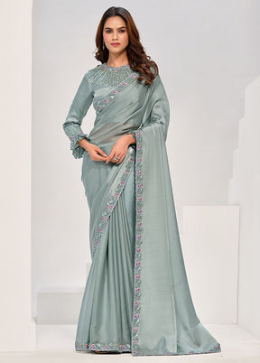 Sea Green Crepe Silk Saree With Blouse Piece