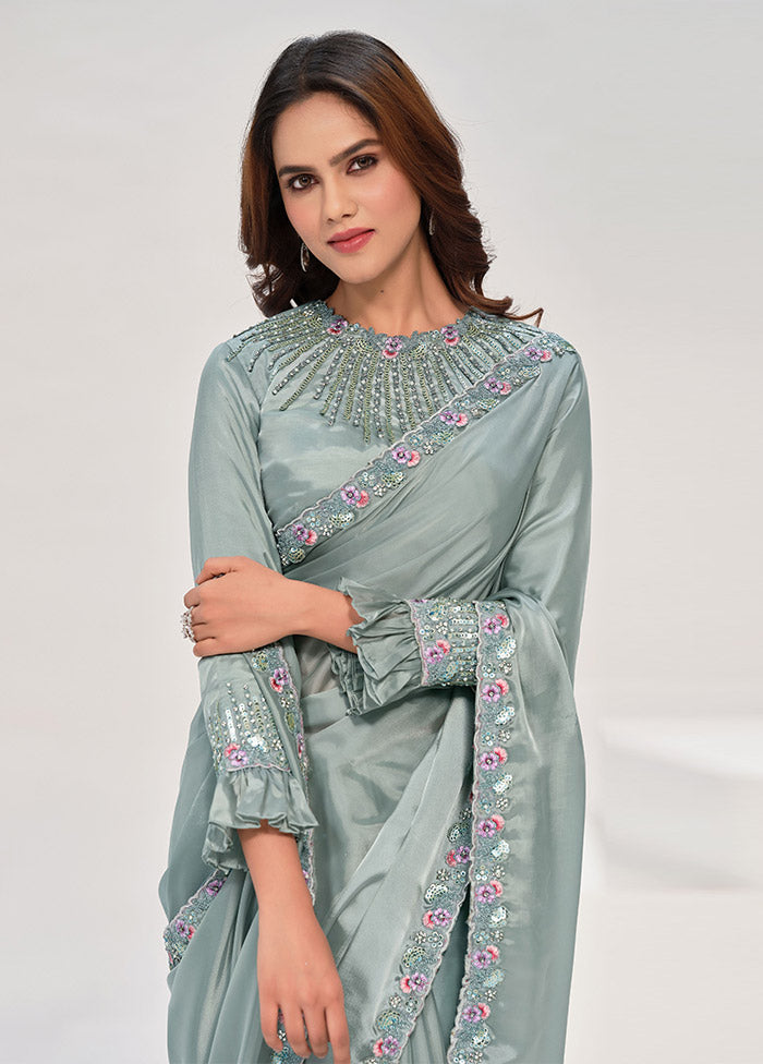 Sea Green Crepe Silk Saree With Blouse Piece