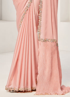 Peach Crepe Silk Saree With Blouse Piece