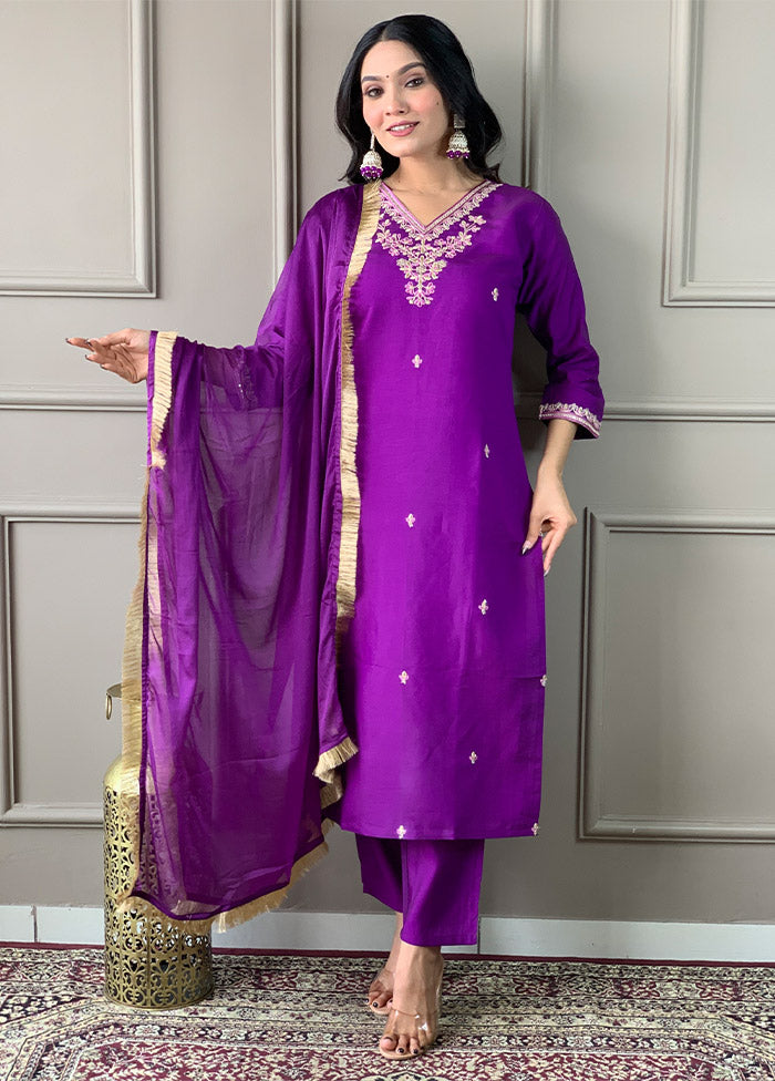 3 Pc Purple Readymade Viscose Suit Set