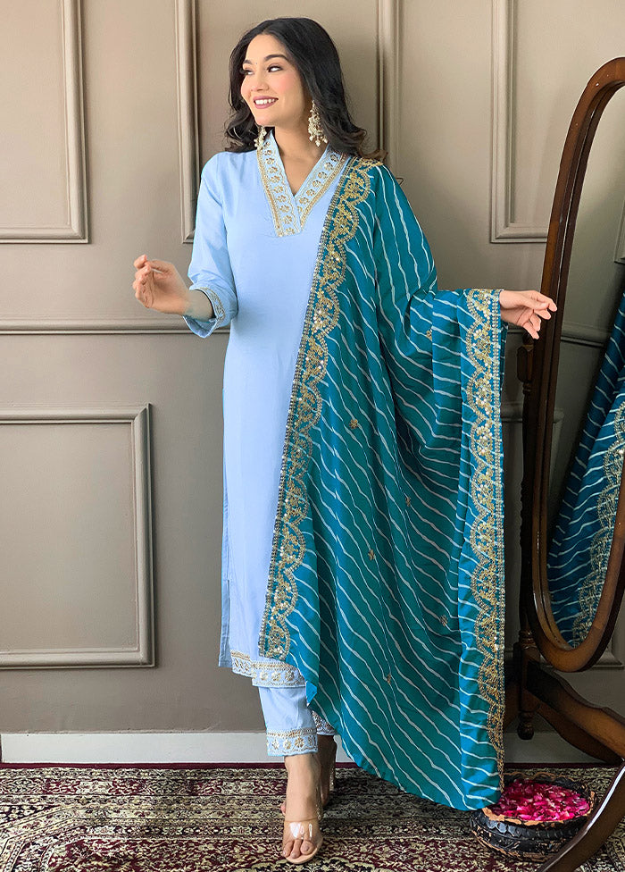 3 Pc Sky Blue Readymade Viscose Suit Set