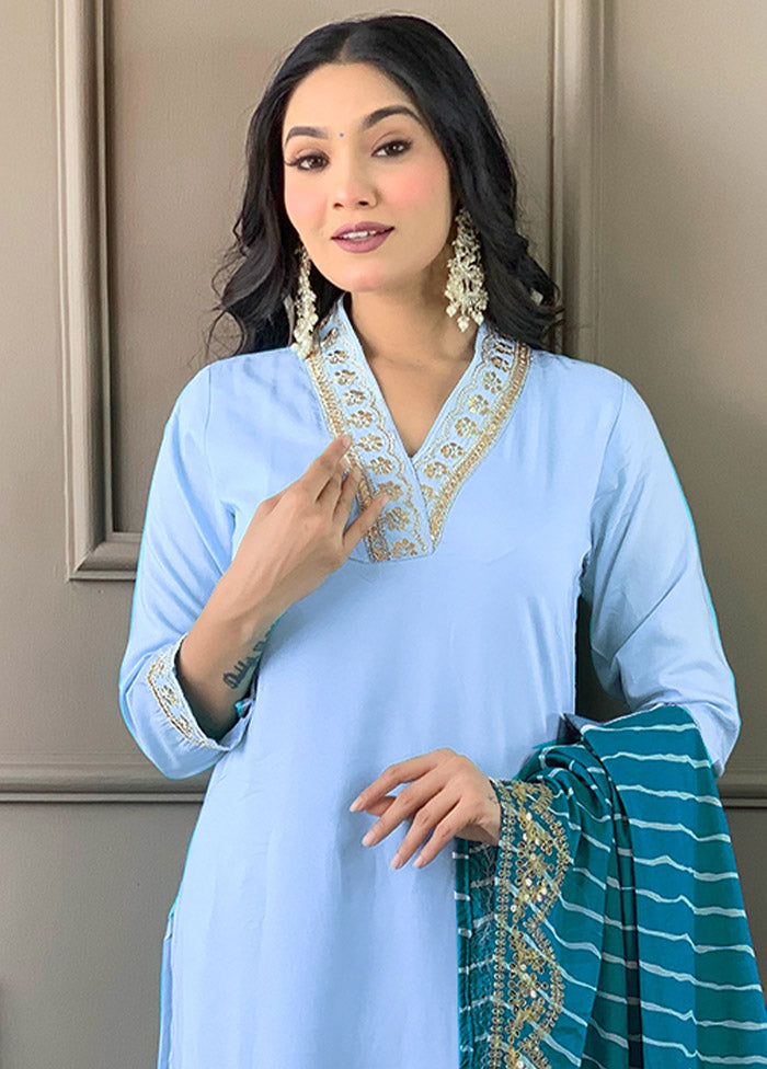 3 Pc Sky Blue Readymade Viscose Suit Set