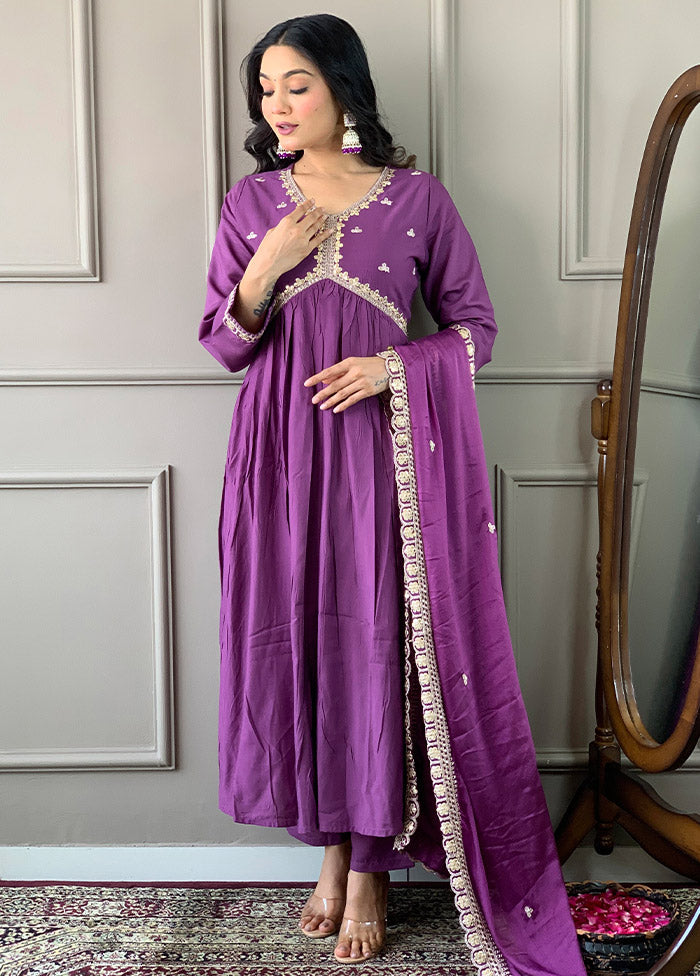 3 Pc Purple Readymade Viscose Suit Set