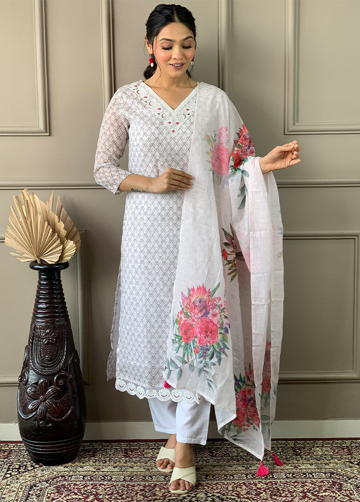 3 Pc Off White Readymade Cotton Suit Set