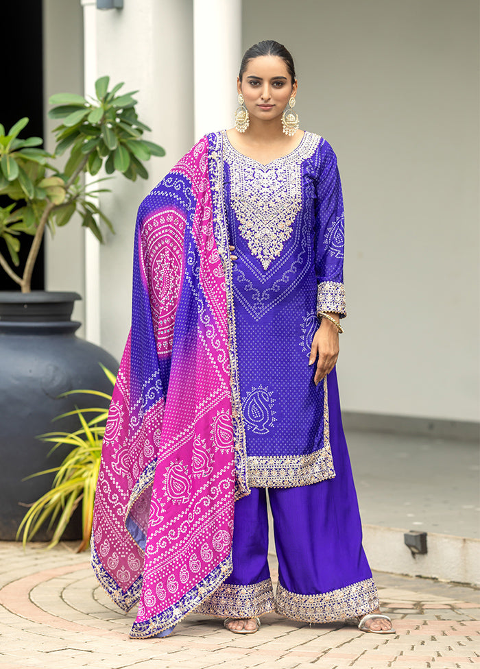 3 Pc Purple Semi Stitched Silk Dupatta Suit Set