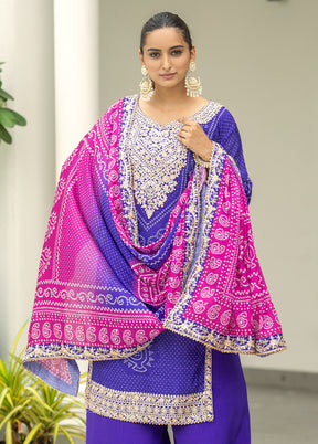 3 Pc Purple Semi Stitched Silk Dupatta Suit Set