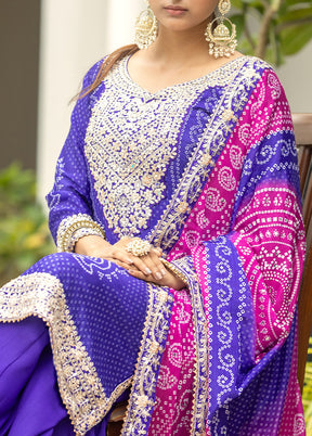 3 Pc Purple Semi Stitched Silk Dupatta Suit Set