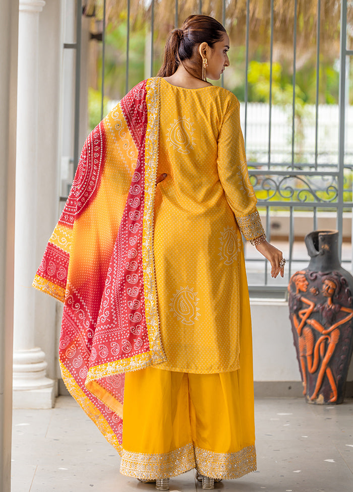 3 Pc Yellow Semi Stitched Silk Dupatta Suit Set