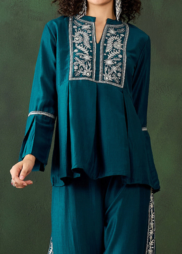 2 Pc Teal Readymade Silk Coord Set