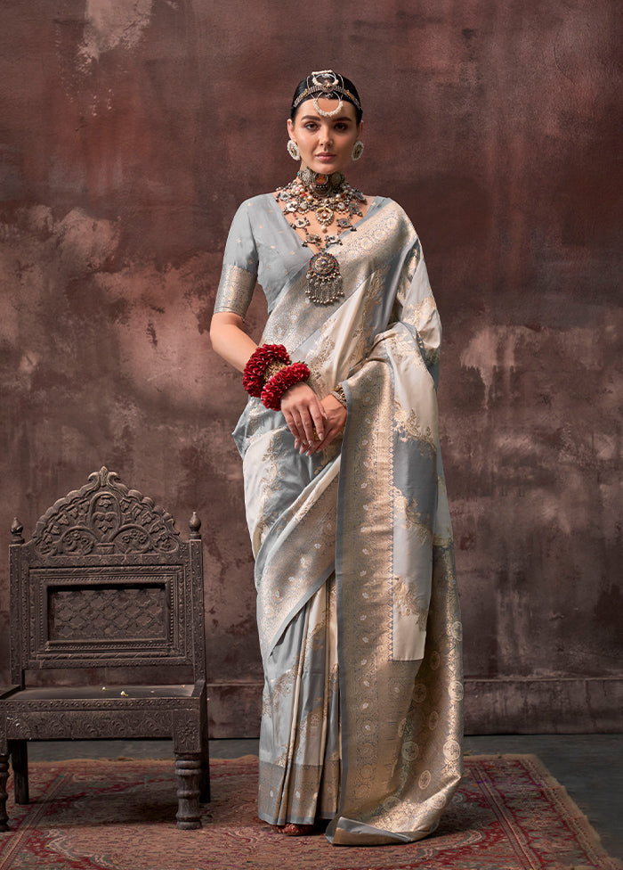 Grey Dupion Silk Saree With Blouse Piece