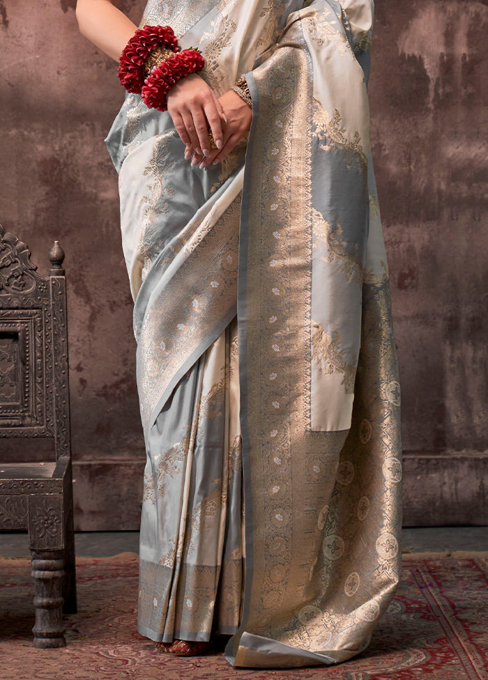 Grey Dupion Silk Saree With Blouse Piece