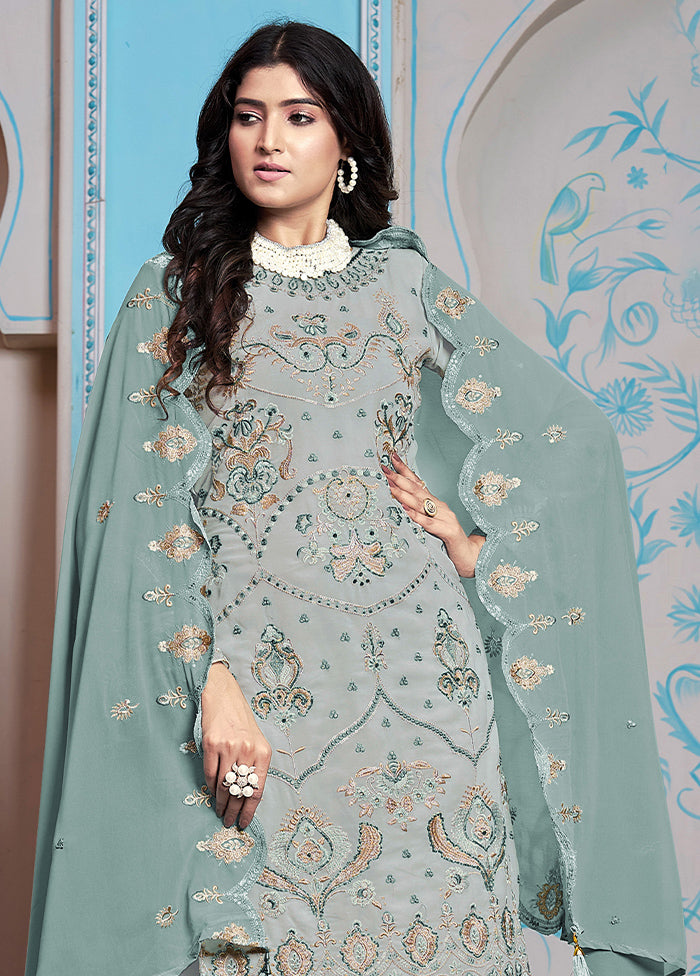 3 Pc Grey Semi Stitched Georgette Dupatta Suit Set