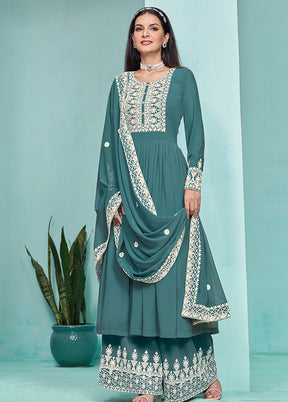 3 Pc Teal Semi Stitched Georgette Dupatta Suit Set