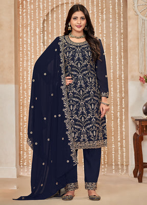 3 Pc Blue Semi Stitched Georgette Dupatta Suit Set